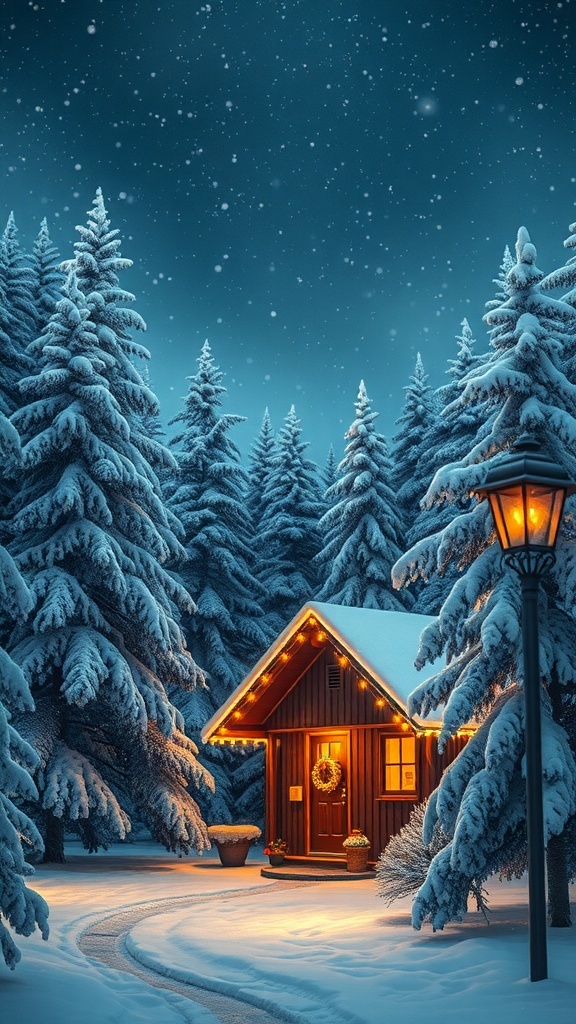 Christmas Landscape Aesthetic A charming Christmas landscape with a cabin, snow-covered trees, and twinkling lights under a starry sky.